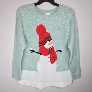 Cupcakes and Cashmere Women's Snowman Print Sweater 1X NWOT Stretch Cutesy Cozy
